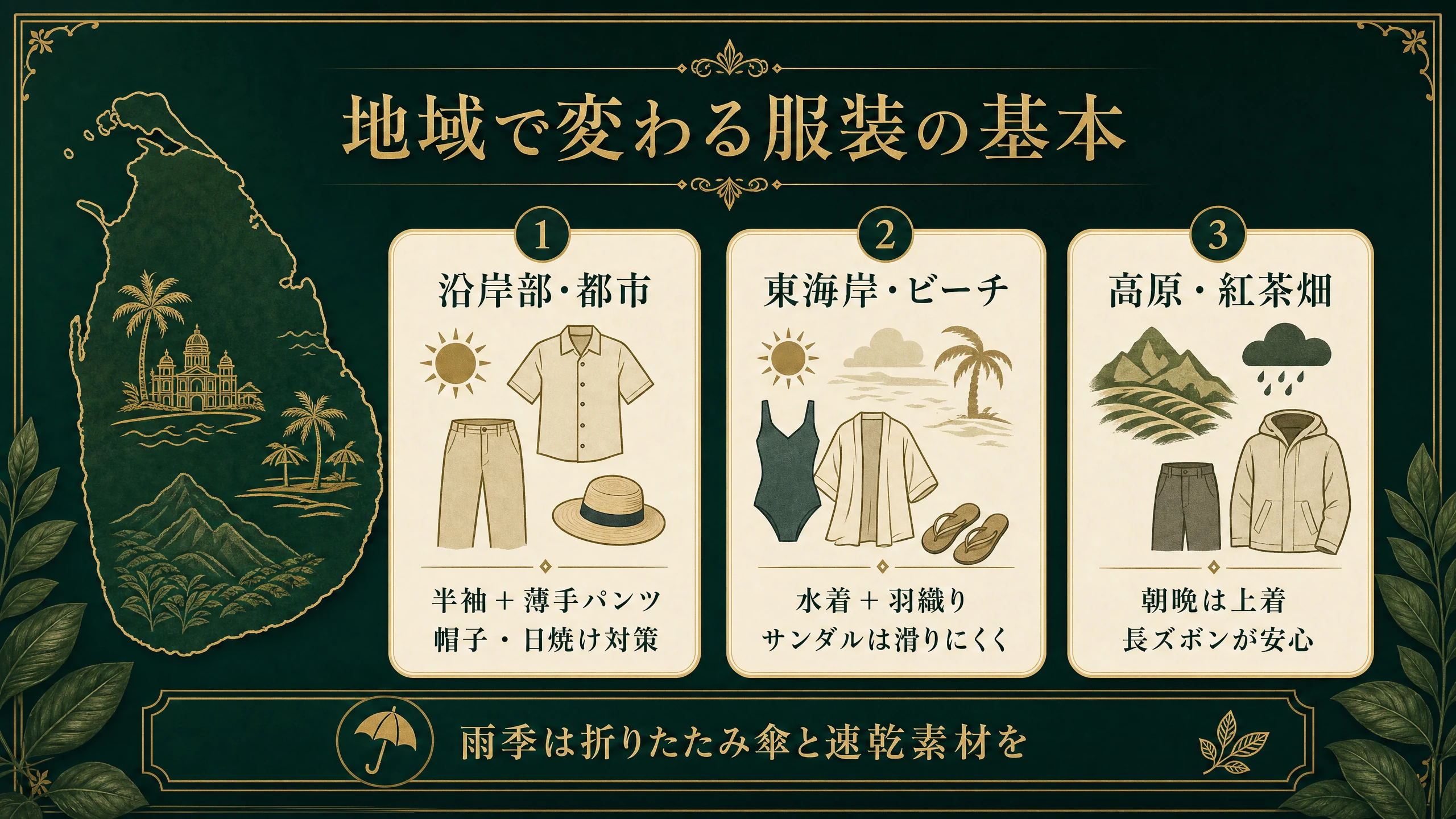 スリランカ旅行の地域別服装をまとめた説明画像