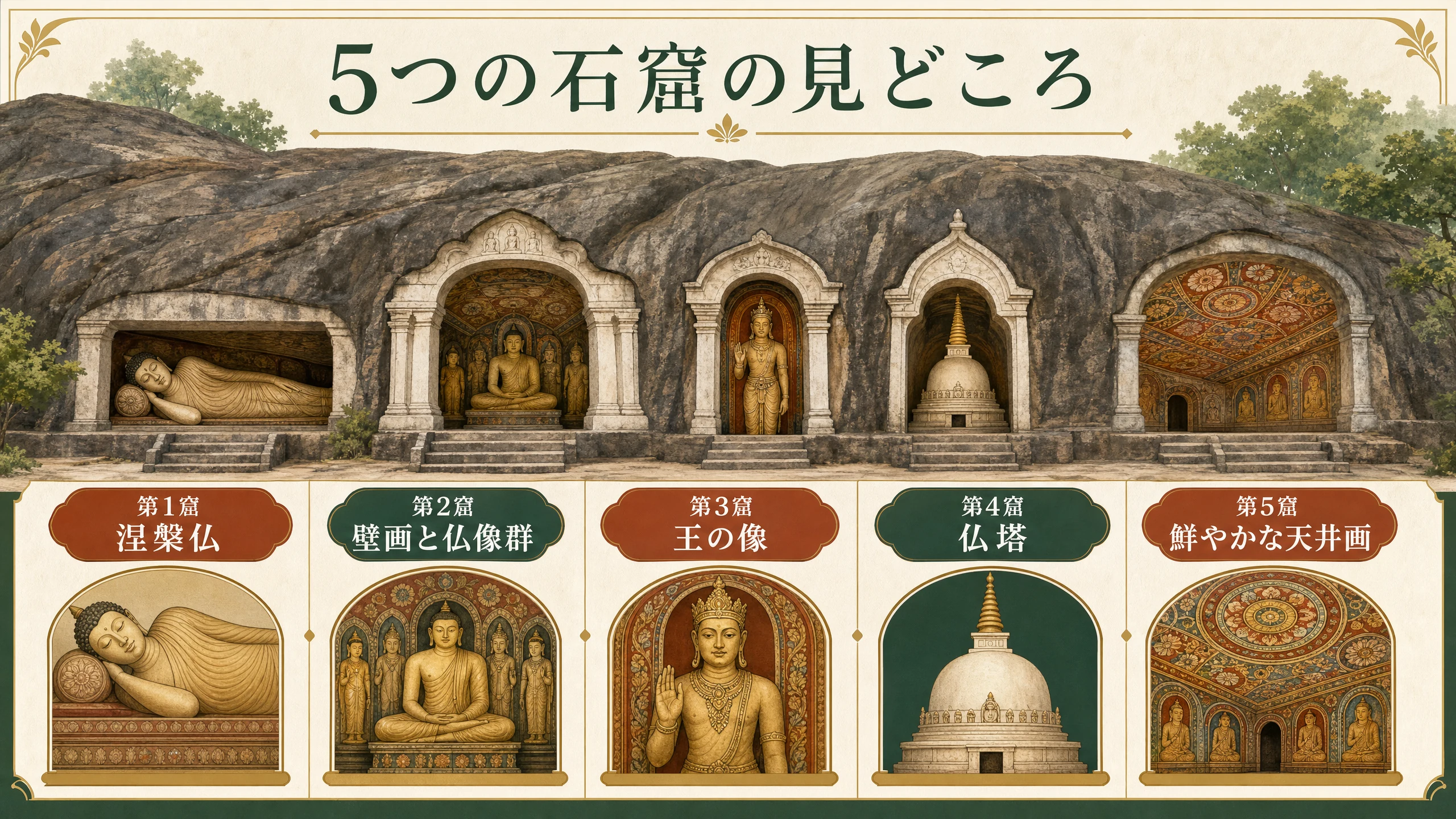 ダンブッラ石窟寺院の5つの石窟の見どころを整理した説明画像